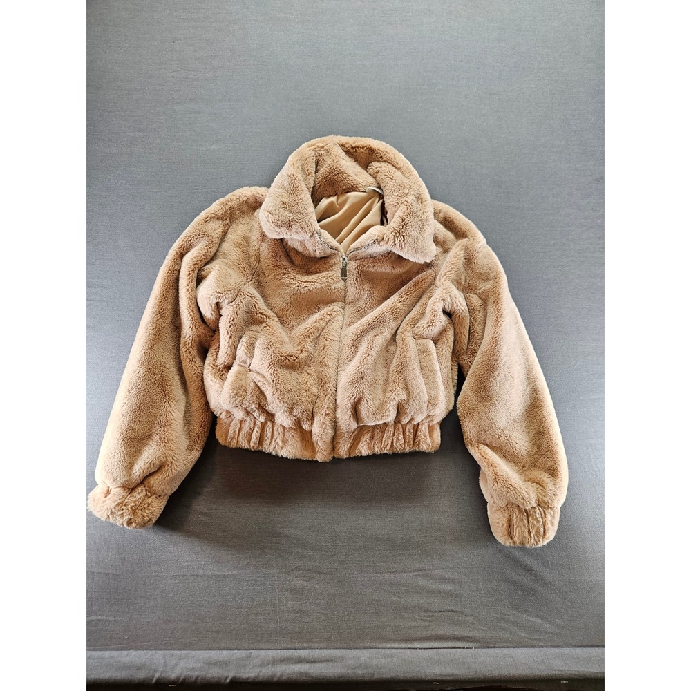 No Boundaries Faux Fur Bomber Jacket Tan Camel Cropped Full Zip XXS 00